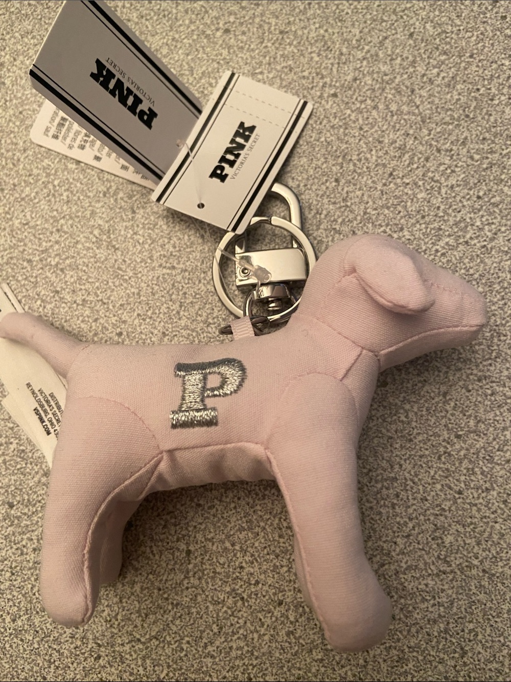 PINK Victoria's Secret Light Pink Plush Dog Keychain with Silver 'P'